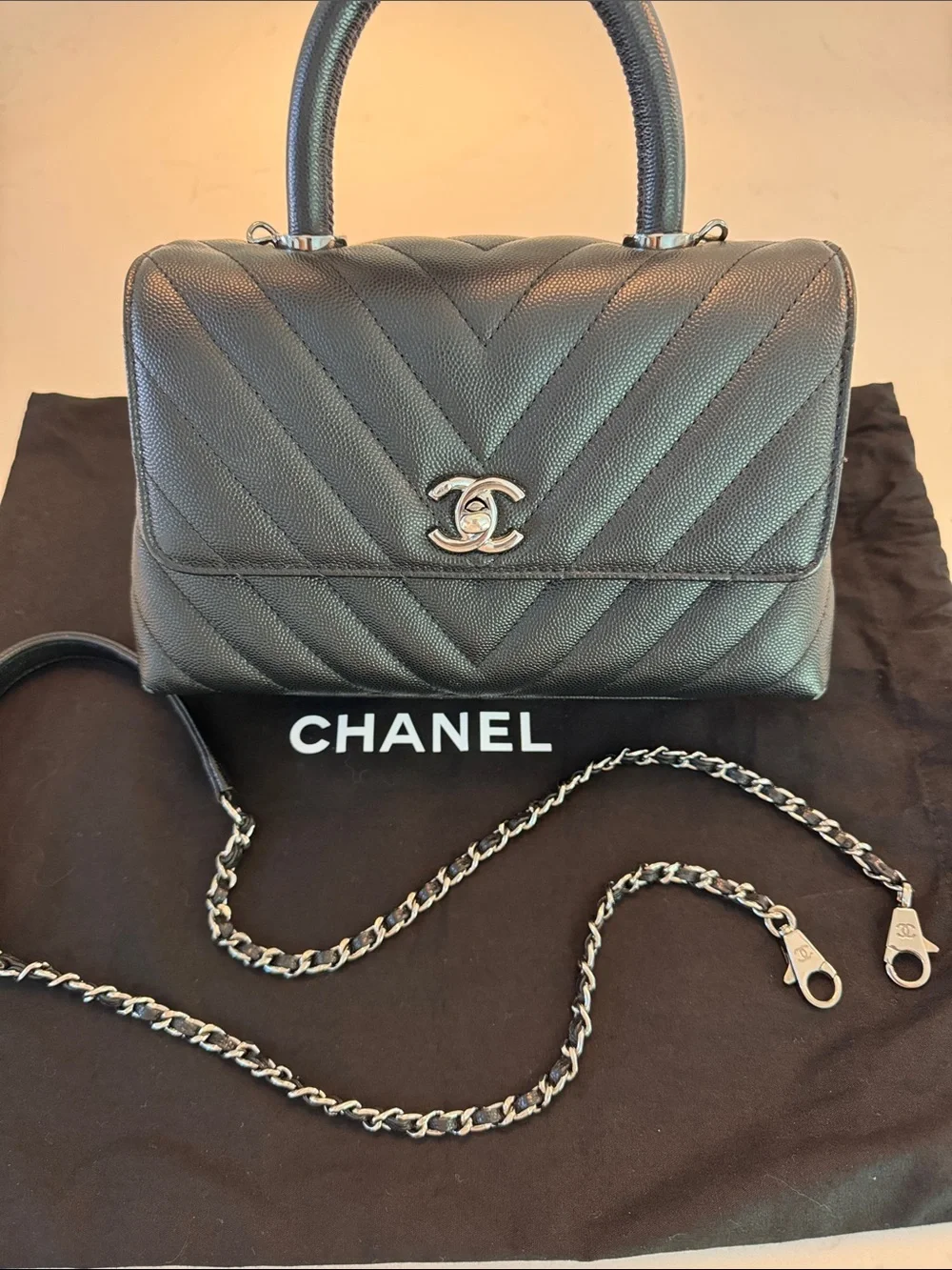 CHANEL Black Chevron Quilted Top-Handle Satchel with Chain Strap